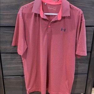 Pink and grey striped golf polo
